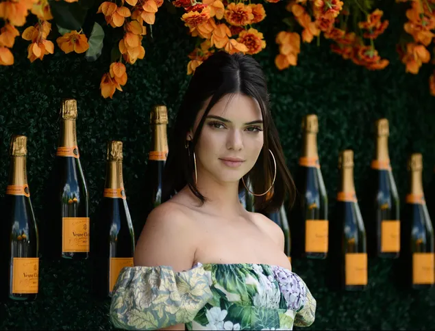 Hermosa modelo Kendall Jenner posando frente a botellas de vino 4K fondo de pantalla
