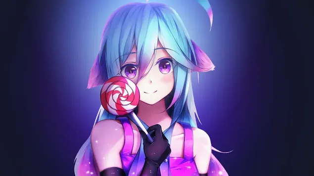 Schöne Pose eines Anime-Mädchens mit blauen Haaren und rosafarbenem Kleid, das süße Süßigkeiten in der Hand hält herunterladen