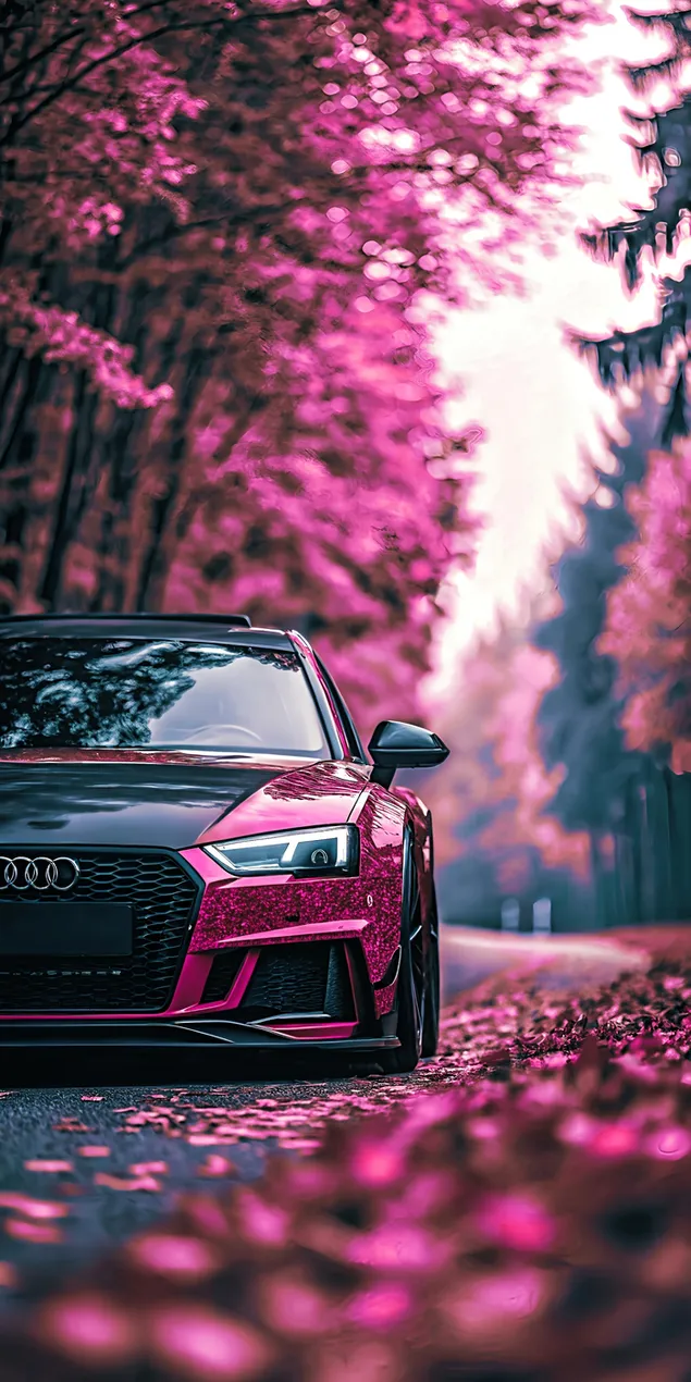 Mobil Berwarna Mawar yang Indah di Jalan Musim Gugur yang Berdaun 2K wallpaper