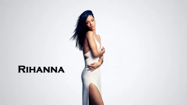 Hermosa cantante Rihanna posando con un vestido blanco HD fondo de pantalla