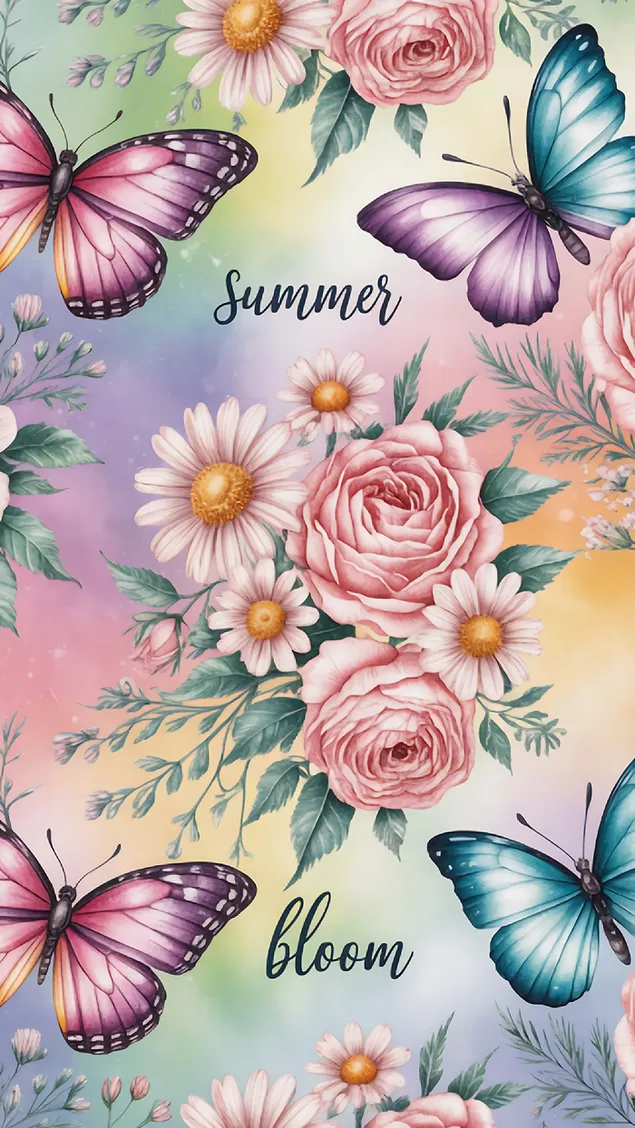 prekrasna ilustracija ljetnog cvjetanja sa sarenim leptirima i pastelnim cvijecem za ljubitelje prirode i cvjetne umjetnosti preuzmi