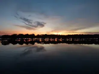 bella riflessione degli alberi del tramonto sul fiume tanguar haor, bangladesh scarica