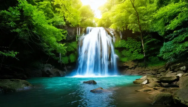 Prachtige waterval in het bos 2K achtergrond