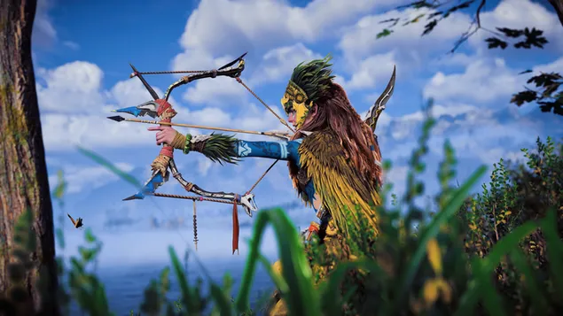 Shen Zhu Chuan Tong Fu Shi De Mei Nu Zai Mao Mi De Duo Yun Lan Tian Shang She Jian Chuan Guo Shu Mu He Zhi Wu Xia Zai