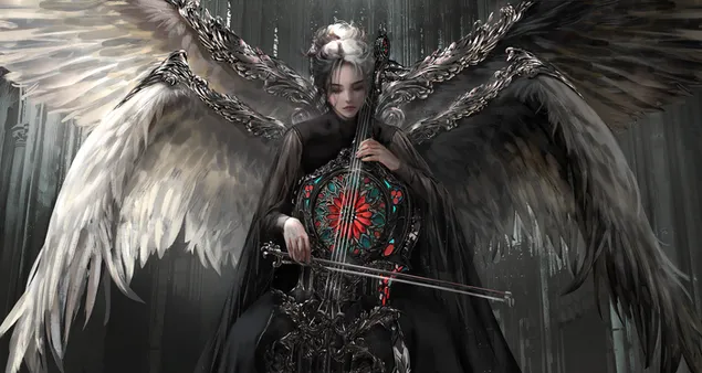 Hermosa mujer con alas de ángel, vestido negro, hermoso cabello blanco y negro tocando el violín con un diseño moderno