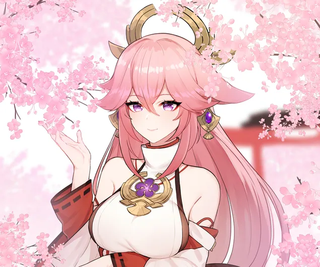 Hermosa Yae miko cerca del cerezo (Ganshin Impact) 2K fondo de pantalla