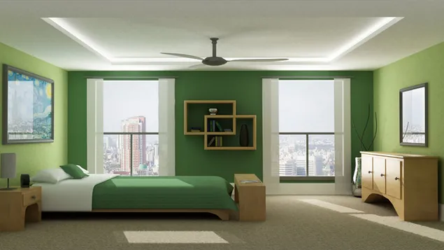 Bilik tidur dengan dinding dicat hijau 4K kertas dinding