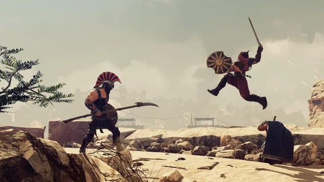 Behelmte und gepanzerte Charaktere aus dem Videospiel Achilles: Legends Untold kämpfen auf freiem Feld auf Steinen