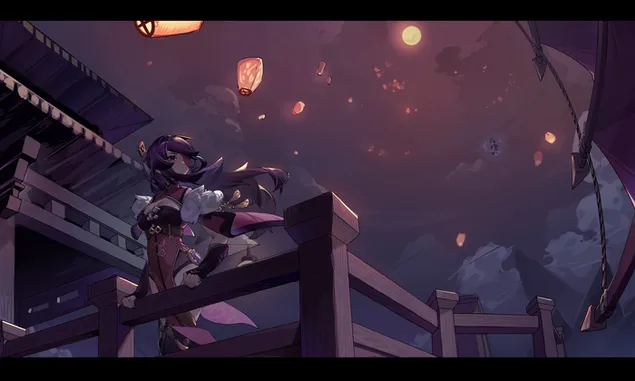 Beidou ser på festival nattehimmel lanterne | Genshin innvirkning 2K bakgrunn