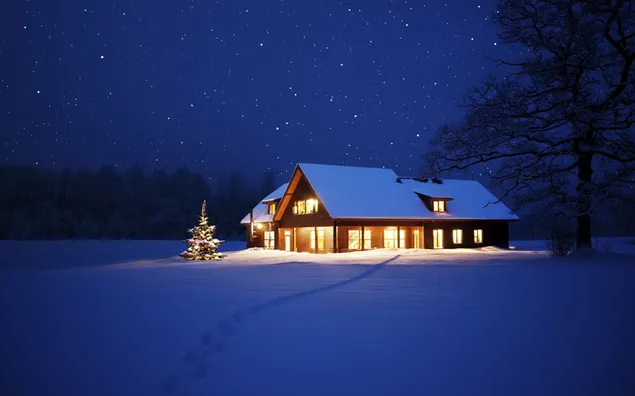 Beleuchtete Ansicht des Holzhauses mit Blick auf den Nachthimmel, dekoriert mit Sternen in schneebedeckten Bäumen