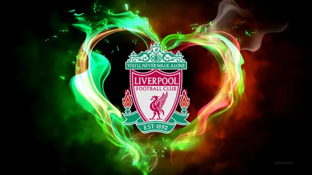 Beleuchtetes farbenfrohes Logo des englischen Premier League-Fußballvereins Liverpool Football Team herunterladen