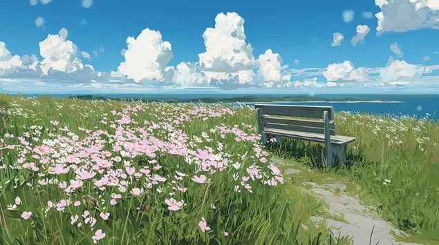 banc dans un pre surplombant l'ocean sous un ciel bleu telechargement