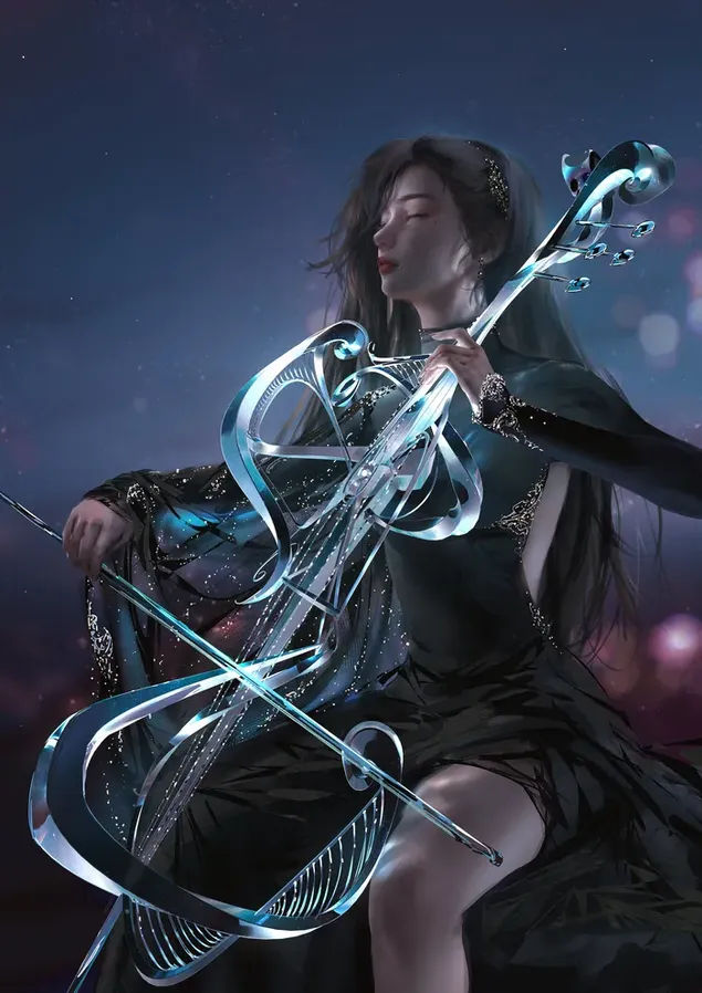 彼女の魔法のバイオリンを弾くファンタジー アニメの女の子