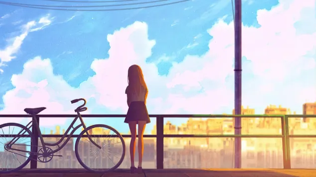 Taustakuva Pyörätyttö katsomassa auringonlaskua 4K