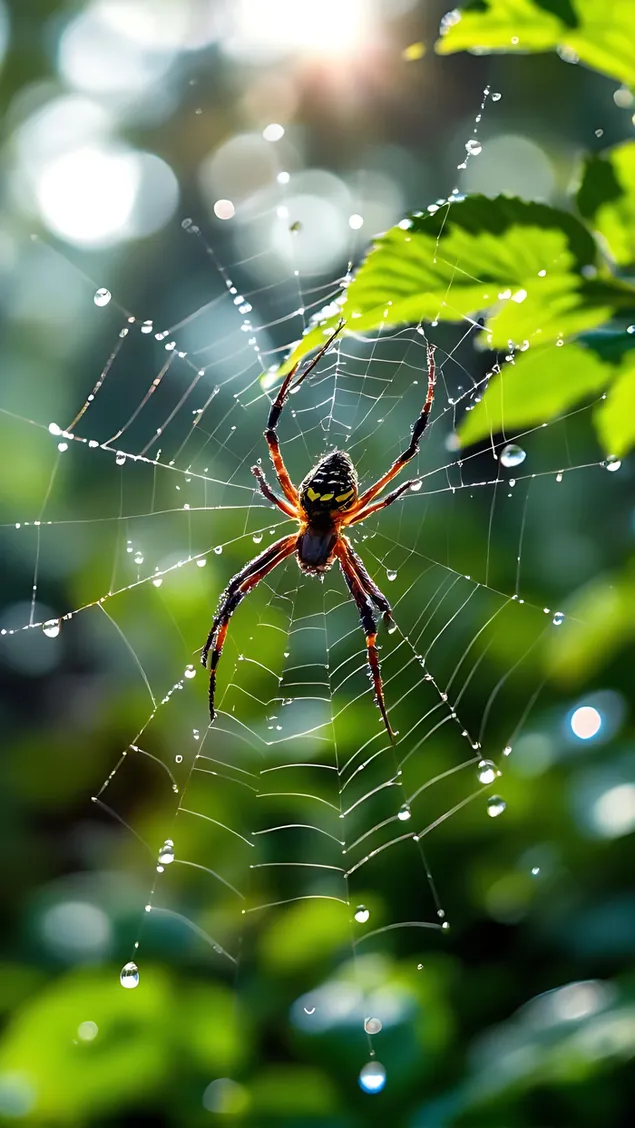 big spider on dewy web in sunlight download