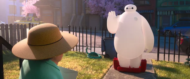 Big white body animation character Baymax waving in the garden