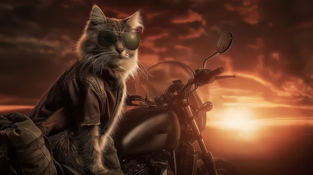 夕暮れ時のバイカーキャット：ジャケット、サングラス、そしてオープンロードスタイル 2K 壁紙