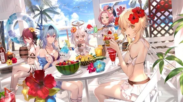 海灘餐廳比基尼女孩派對| 原神衝擊 2K 壁紙