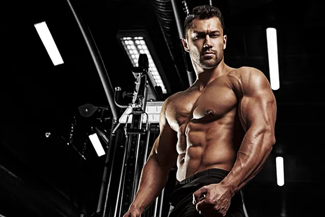 Binaragawan gym memamerkan ototnya unduhan