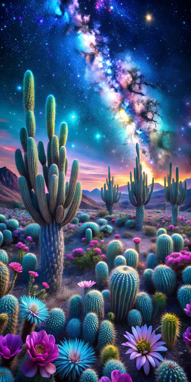 Désert bioluminescent sous un ciel galactique tourbillonnant 2K fond d'écran