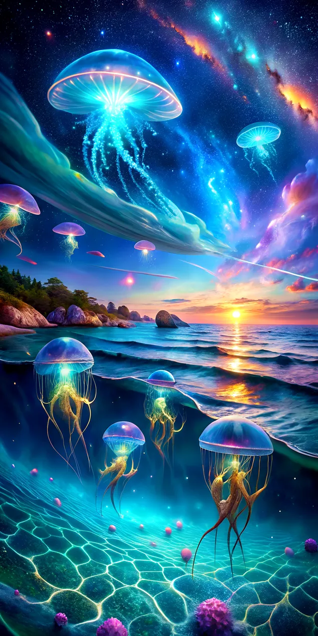 Bioluminescerende Ocean Under Nebula Sky med holografisk fargetone 2K bakgrunn