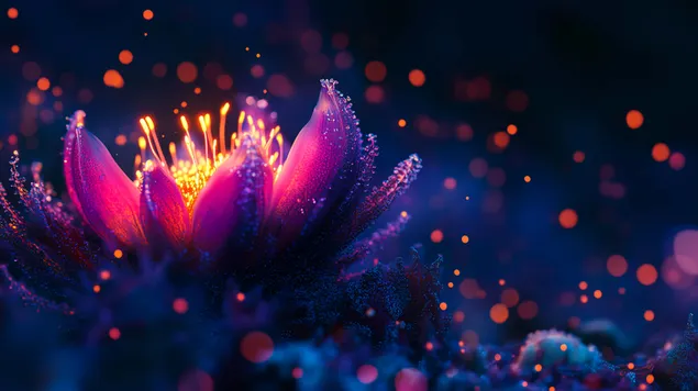 Hình nền Sinh vật phù du phát quang chiếu sáng một loài thực vật biển màu ngọc lam và đỏ tía 8K