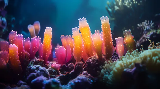 Биолуминесцентни морски писалки, светещи в подводно спокойствие 4K тапет