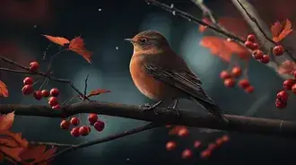 어두운 숲 속 나뭇가지 위의 열매 달린 새 2K 배경화면