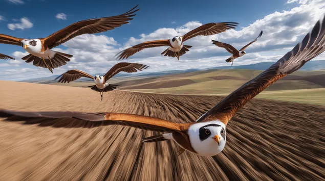 Taustakuva Petolinnut muodostelmassa lennossa hiekkaisten aavikkodyynien yli 2K