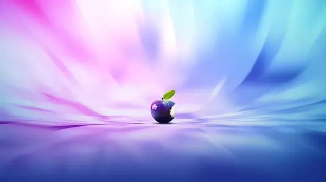 Bitten purple apple resembling Apple logo in front of colorful illuminated background