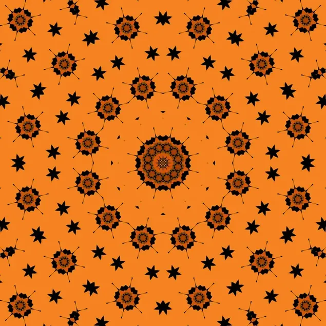 Schwarzes und orange Halloween-themenorientiertes blumenförmiges Kaleidoskop 4K Hintergrundbild