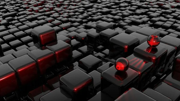 Conjunto de sofás de cuero negro y rojo, abstracto, renderizado, cubo, bolas 4K fondo de pantalla