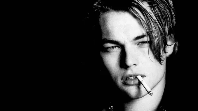 Black and white photograph of young Leonardo Dicaprio smoking a cigarette