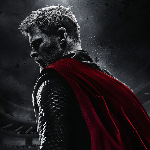 Zwart-wit rode cape superheld afbeelding van de hoofdpersoon Thor uit de film Thor: Love And Thunder 2K achtergrond