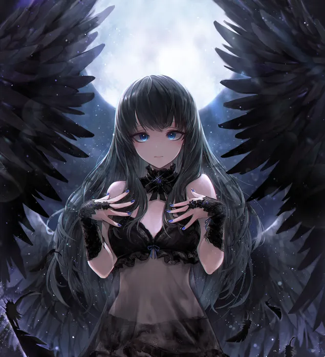 Black Angel Anime Girl With Wings 2K Wallpaper Download
