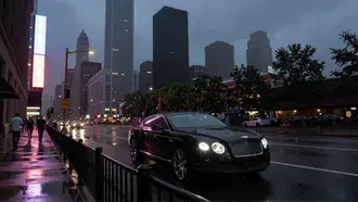 black bentley continental gt on a rainy downtown street beneath towering city skyscrapers download