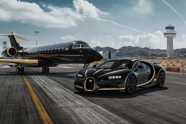 Mobil sport hitam Bugatti Chiron depan pesawat