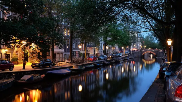 Hình nền Ô tô đen, Hà Lan, kênh đào, chiếu sáng, kiến ​​trúc 2K