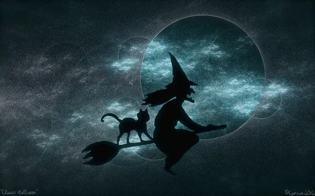 Black cat behind the flying witch with her broomstick