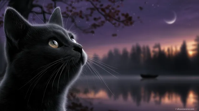 Svart katt som ser på et månebelyst innsjølandskap 2K bakgrunn