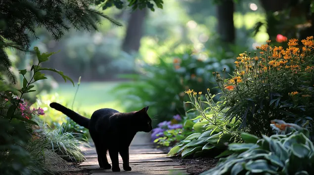 Kucing Hitam di Taman Terang Dikelilingi Tumbuhan dan Bunga yang Disinari Matahari 2K kertas dinding