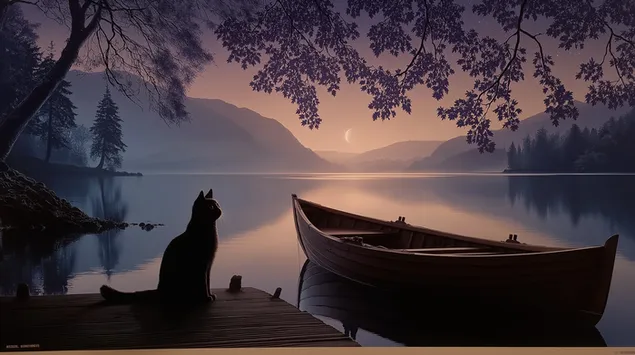 Kucing Hitam di Dok di Tasik Semasa Senja Mistik 2K kertas dinding