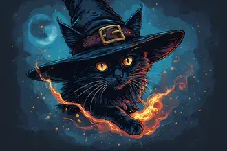 Schwarze Katzenhexe mit spitzem Hut, die leuchtende Zaubersprüche ausspricht, magische Halloween-Illustration mit mystischem Charme 2K Hintergrundbild