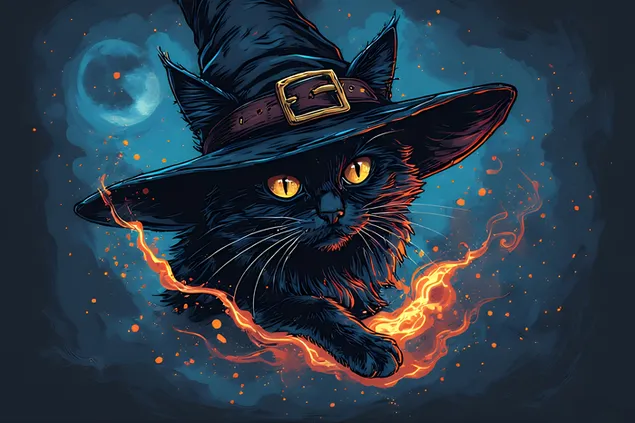 Черная кошка-ведьма в остроконечной шляпе, колдующая светящиеся заклинания, магическая иллюстрация к Хэллоуину с мистическим очарованием 2K обои
