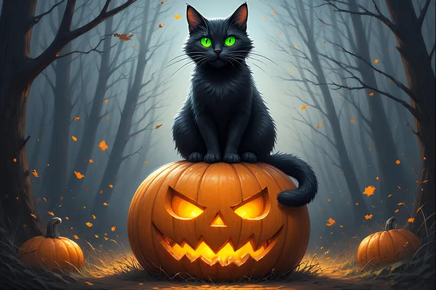 Черный кот с горящими зелеными глазами, сидящий на сияющей тыкве, подробная иллюстрация к Хэллоуину, полная жуткого очарования 2K обои