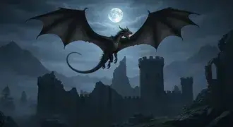 Tapeta Černý drak vznášející se nad starobylým hradem za úplňku Dračí dům pro pozadí plochy 4K