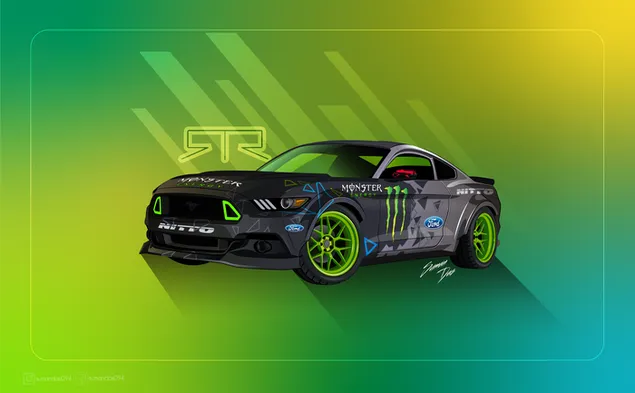 Schwarzer Ford Mustang RTR mit grünen Monsteraufklebern und künstlerischem grünem Hintergrund 8K Hintergrundbild