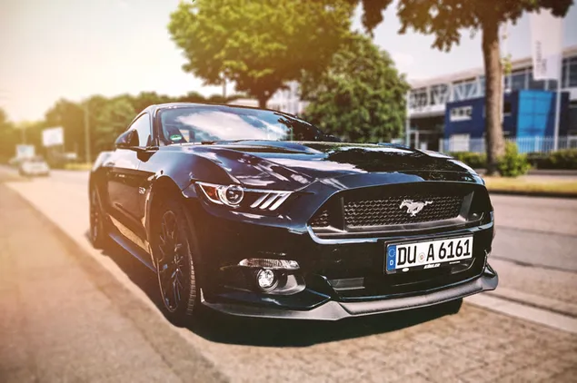 Taustakuva Black Mustang -urheiluauto pysäköitynä kadun viereen 4K