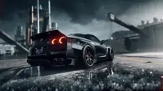 chernyy nissan gtr s vklyuchennymi gabaritnymi ognyami, priparkovannyy na asfal'te skachat'
