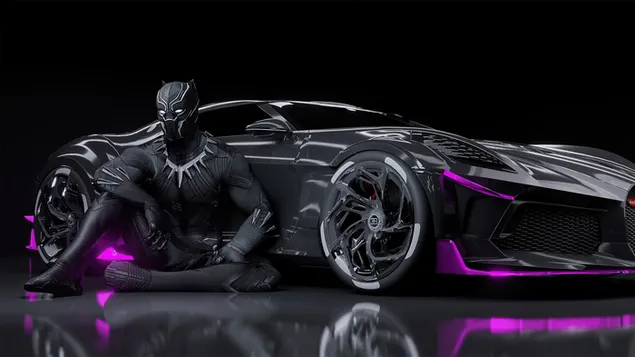 Black Panther zit naast zwarte auto met paarse lichten